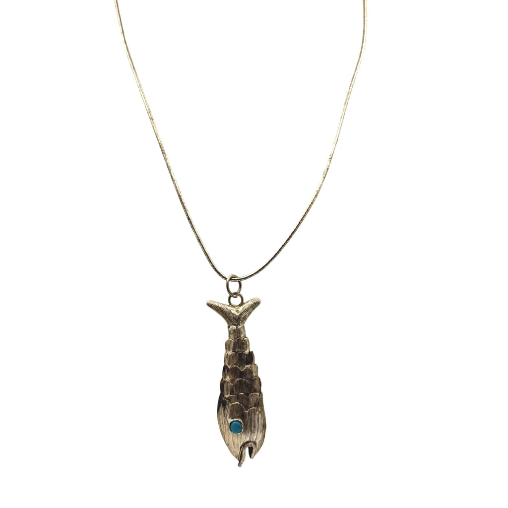 Sterling Silver Articulated Fish Pendant Necklace Turquoise Eye 18 Chain Vintage