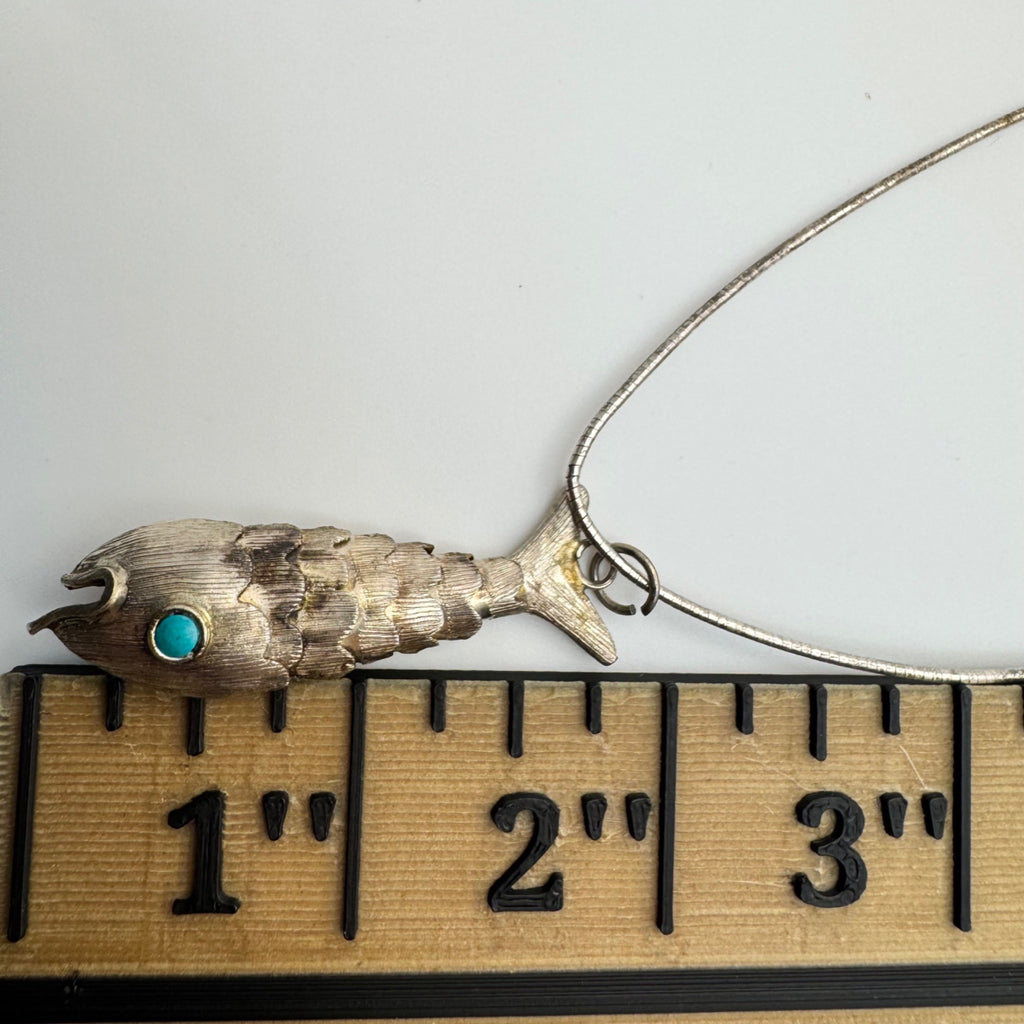 Sterling Silver Articulated Fish Pendant Necklace Turquoise Eye 18 Chain Vintage