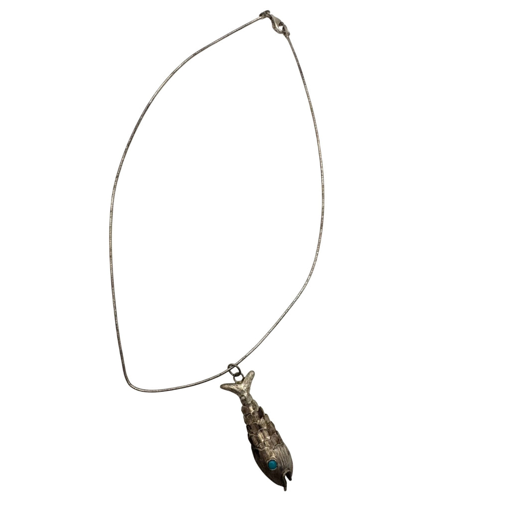 Sterling Silver Articulated Fish Pendant Necklace Turquoise Eye 18 Chain Vintage
