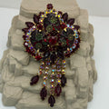 Juliana Book Piece Dangle Red Rhinestone Floral Brooch Pendant Etched Flower 3.5"