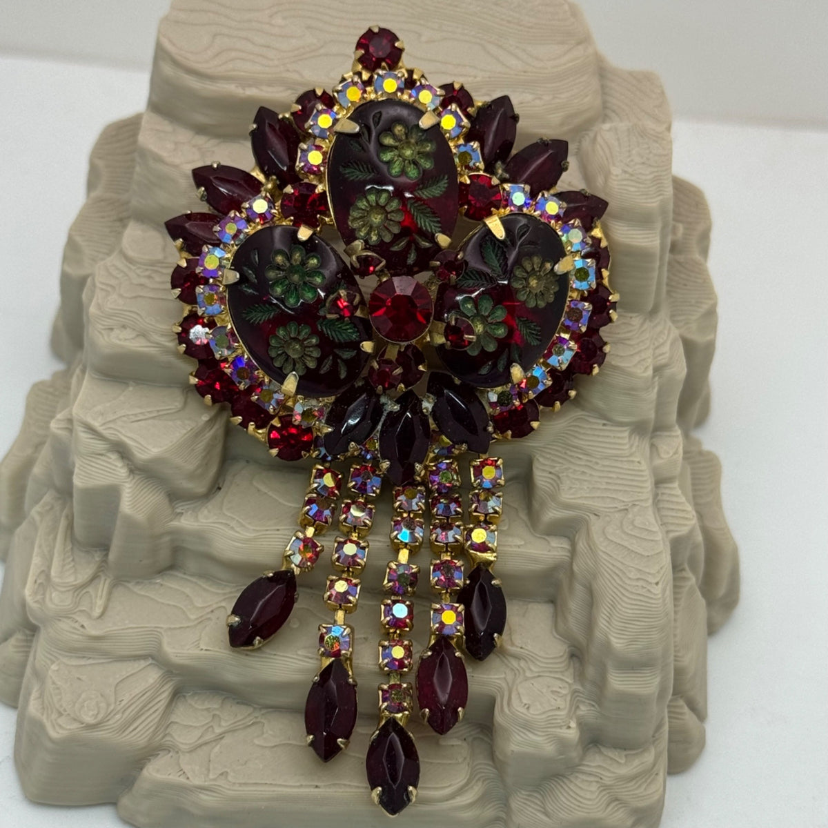 Juliana Book Piece Dangle Red Rhinestone Floral Brooch Pendant Etched Flower 3.5"