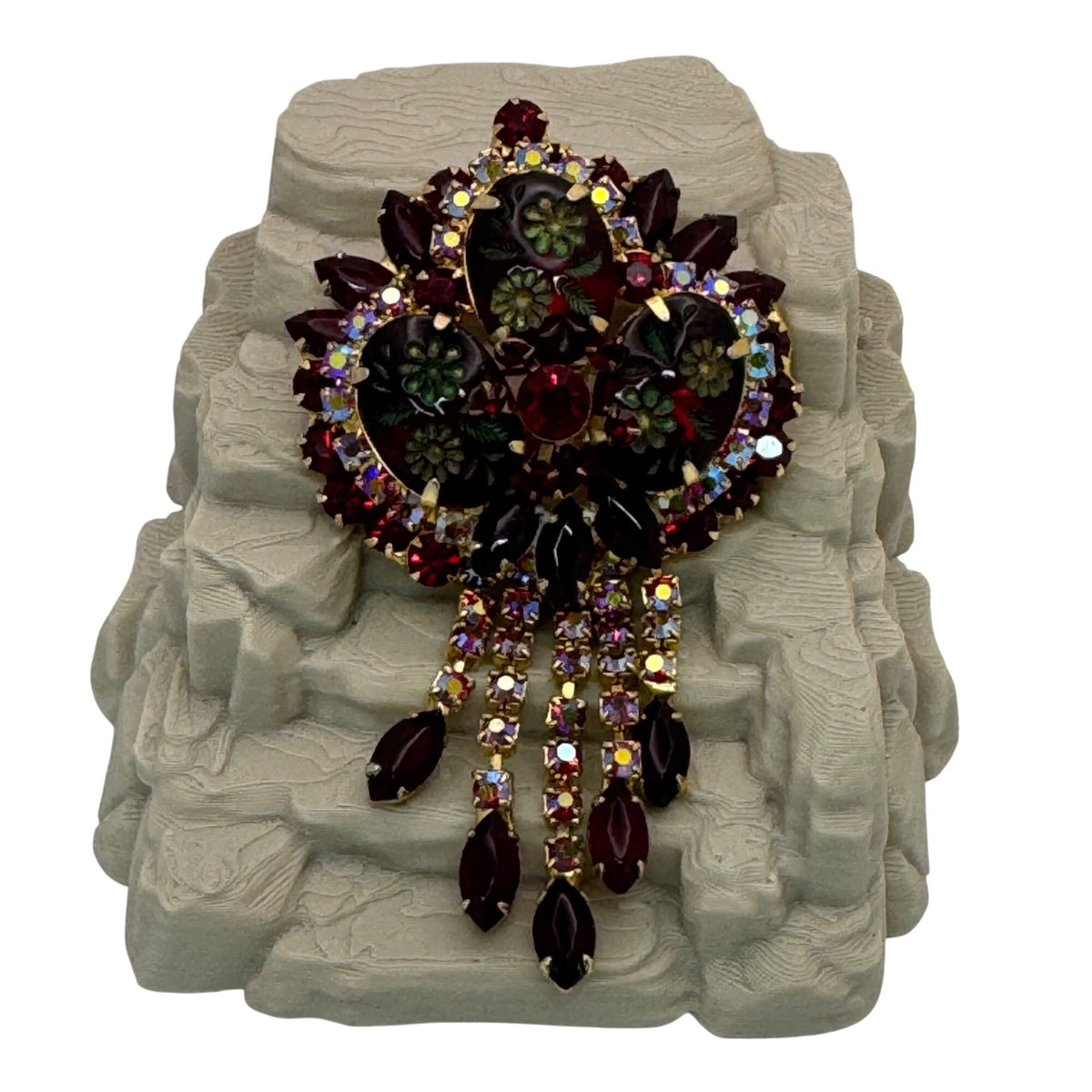 Juliana Book Piece Dangle Red Rhinestone Floral Brooch Pendant Etched Flower 3.5"