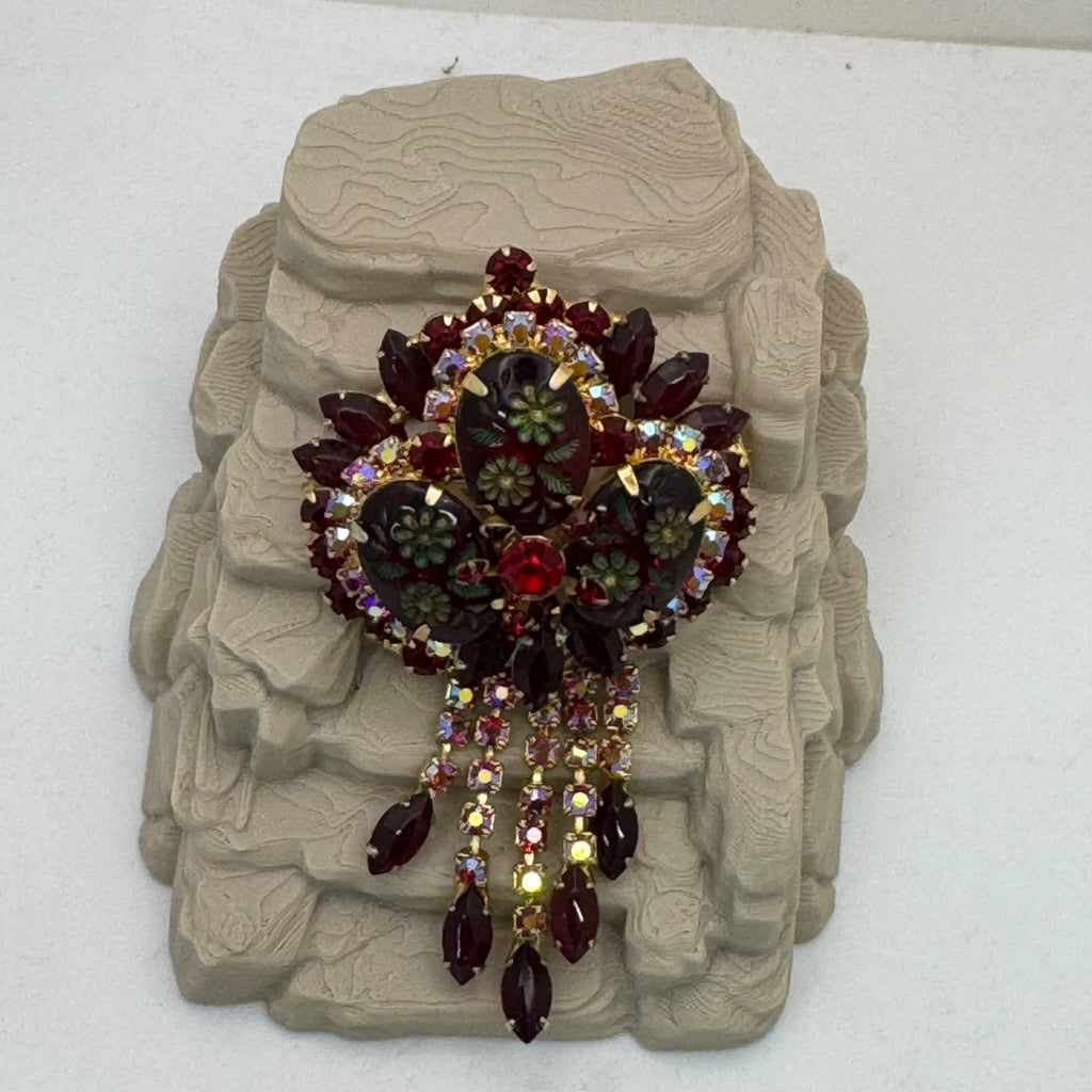 Juliana Book Piece Dangle Red Rhinestone Floral Brooch Pendant Etched Flower 3.5"