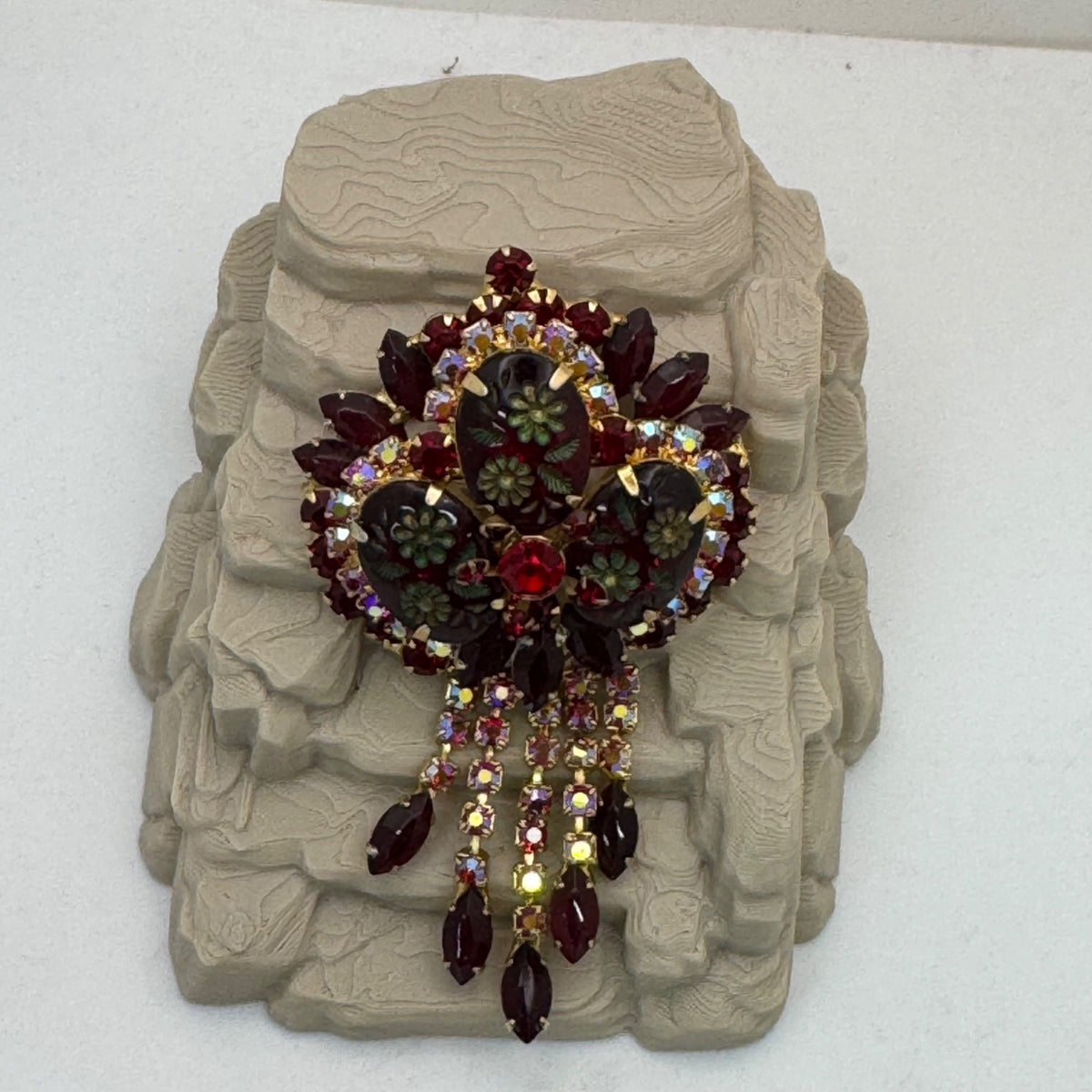 Juliana Book Piece Dangle Red Rhinestone Floral Brooch Pendant Etched Flower 3.5"