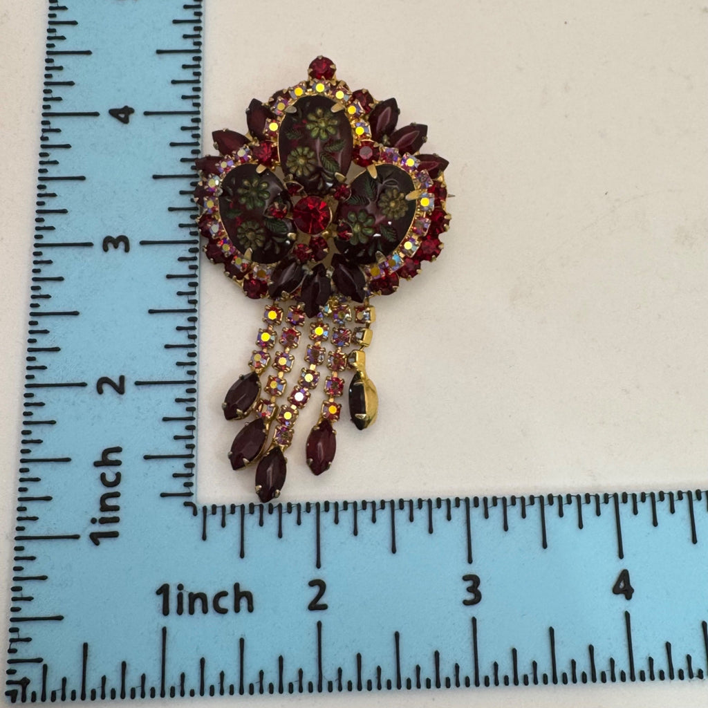 Juliana Book Piece Dangle Red Rhinestone Floral Brooch Pendant Etched Flower 3.5"