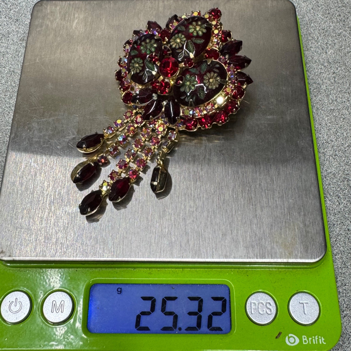 Juliana Book Piece Dangle Red Rhinestone Floral Brooch Pendant Etched Flower 3.5"