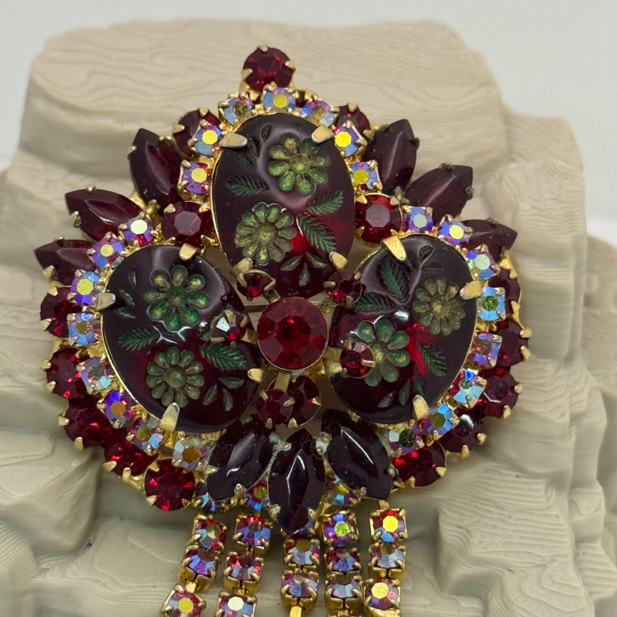 Juliana Book Piece Dangle Red Rhinestone Floral Brooch Pendant Etched Flower 3.5"
