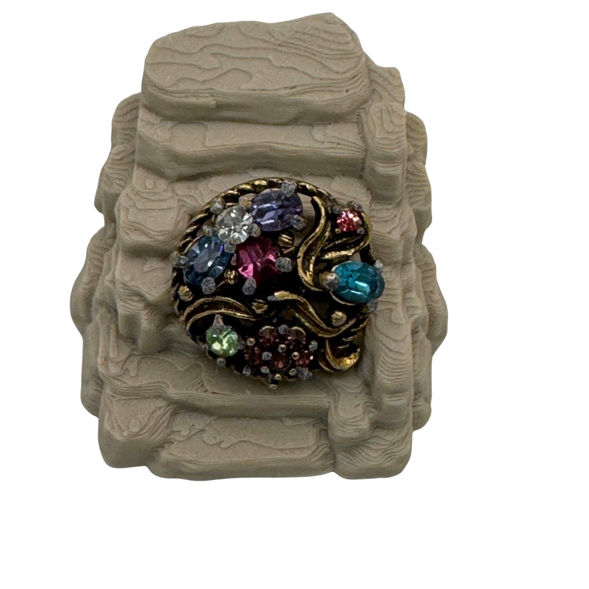 Hollycraft Brooch Multi-Color Rhinestones Round Filigree Design 7.4g 1" Vintage