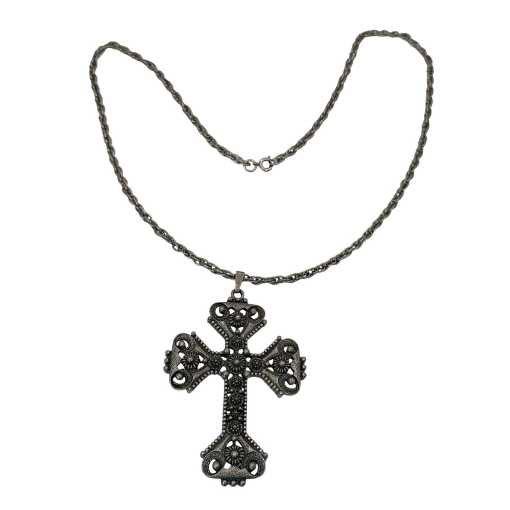 1974 Limited Ed Vintage Sarah Coventry Antique Silver Tone Cross Necklace Pearl
