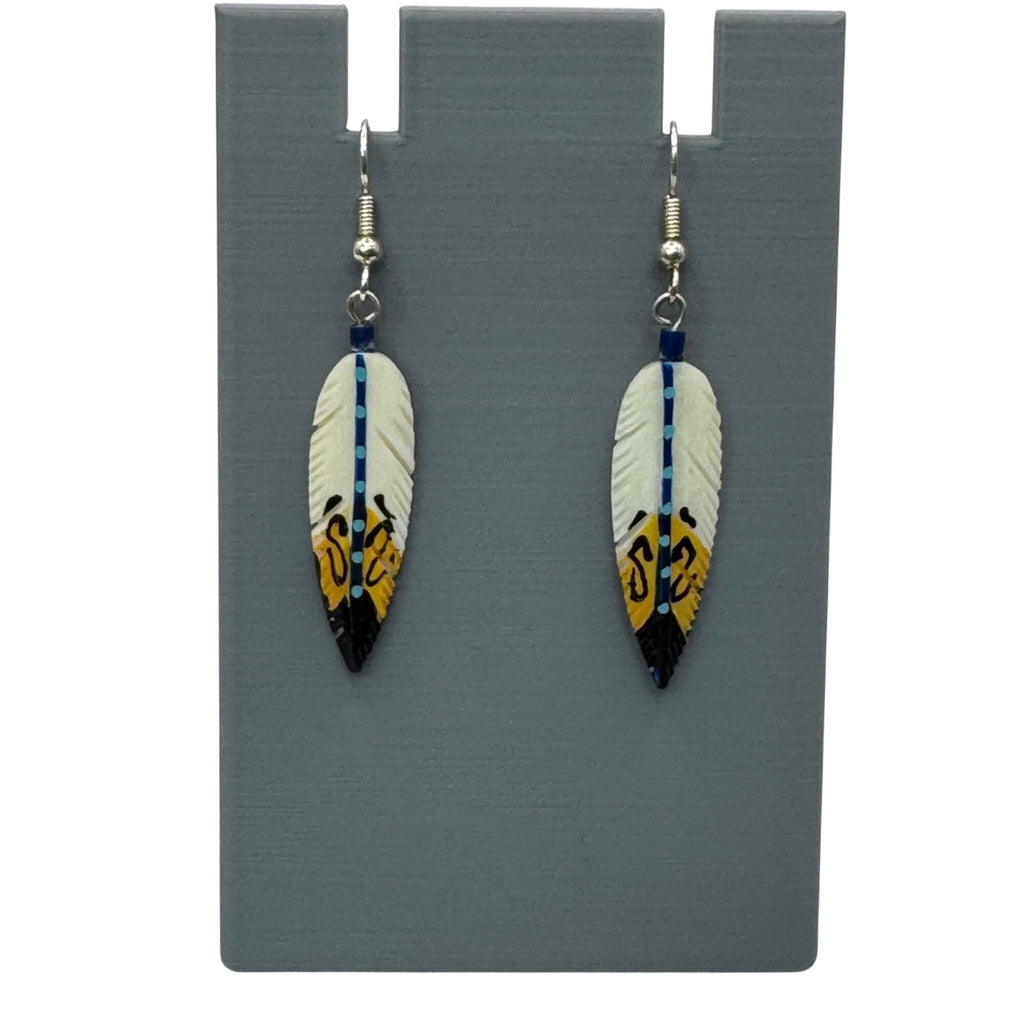 Hand-Painted Carved Antler Feather Earrings Tribal Design Blue Turquoise Native