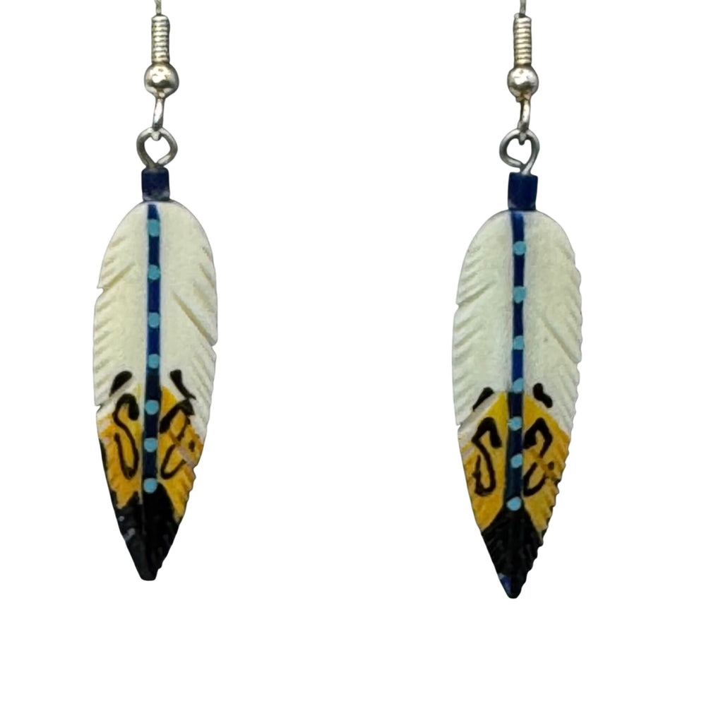 Hand-Painted Carved Antler Feather Earrings Tribal Design Blue Turquoise Native