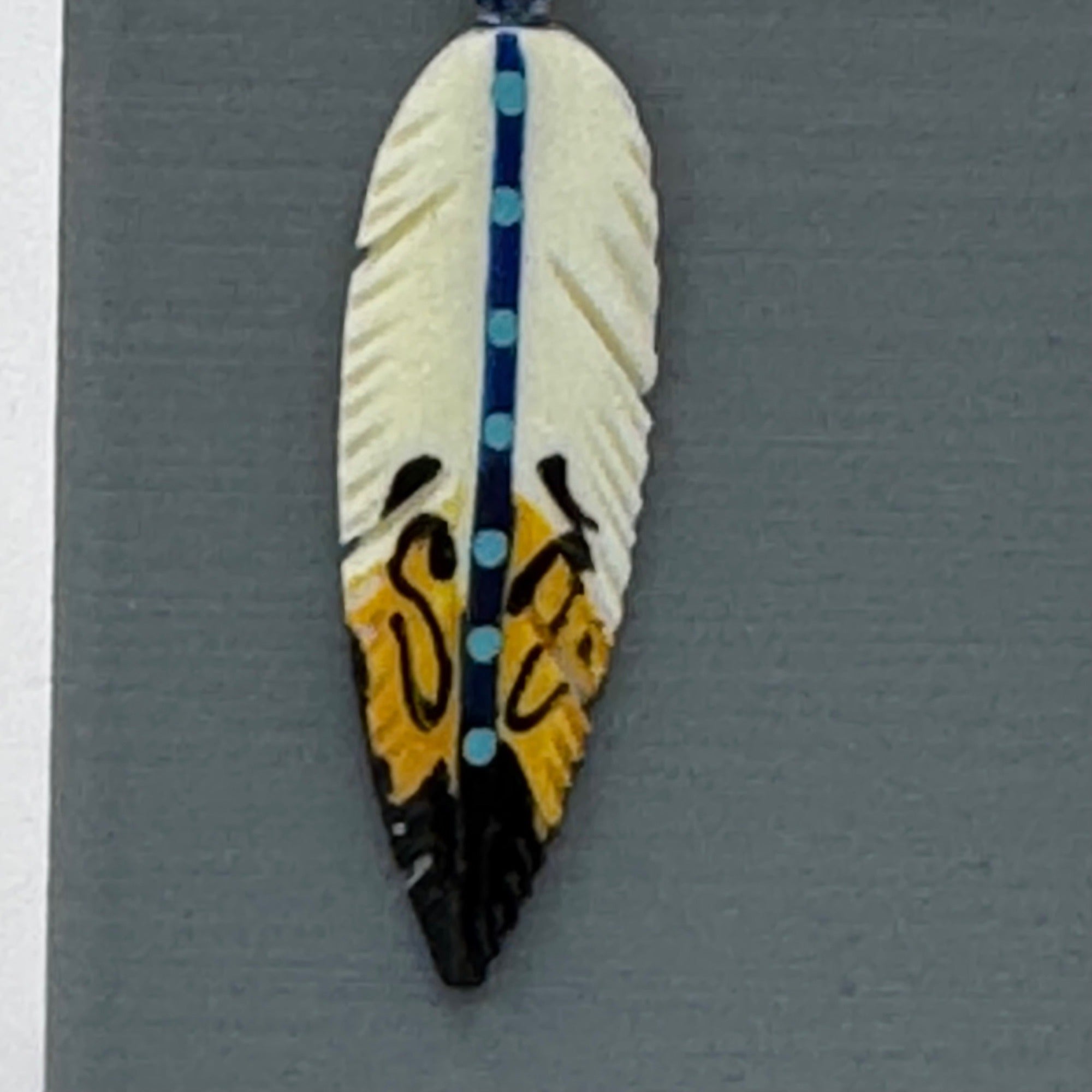 Hand-Painted Carved Antler Feather Earrings Tribal Design Blue Turquoise Native