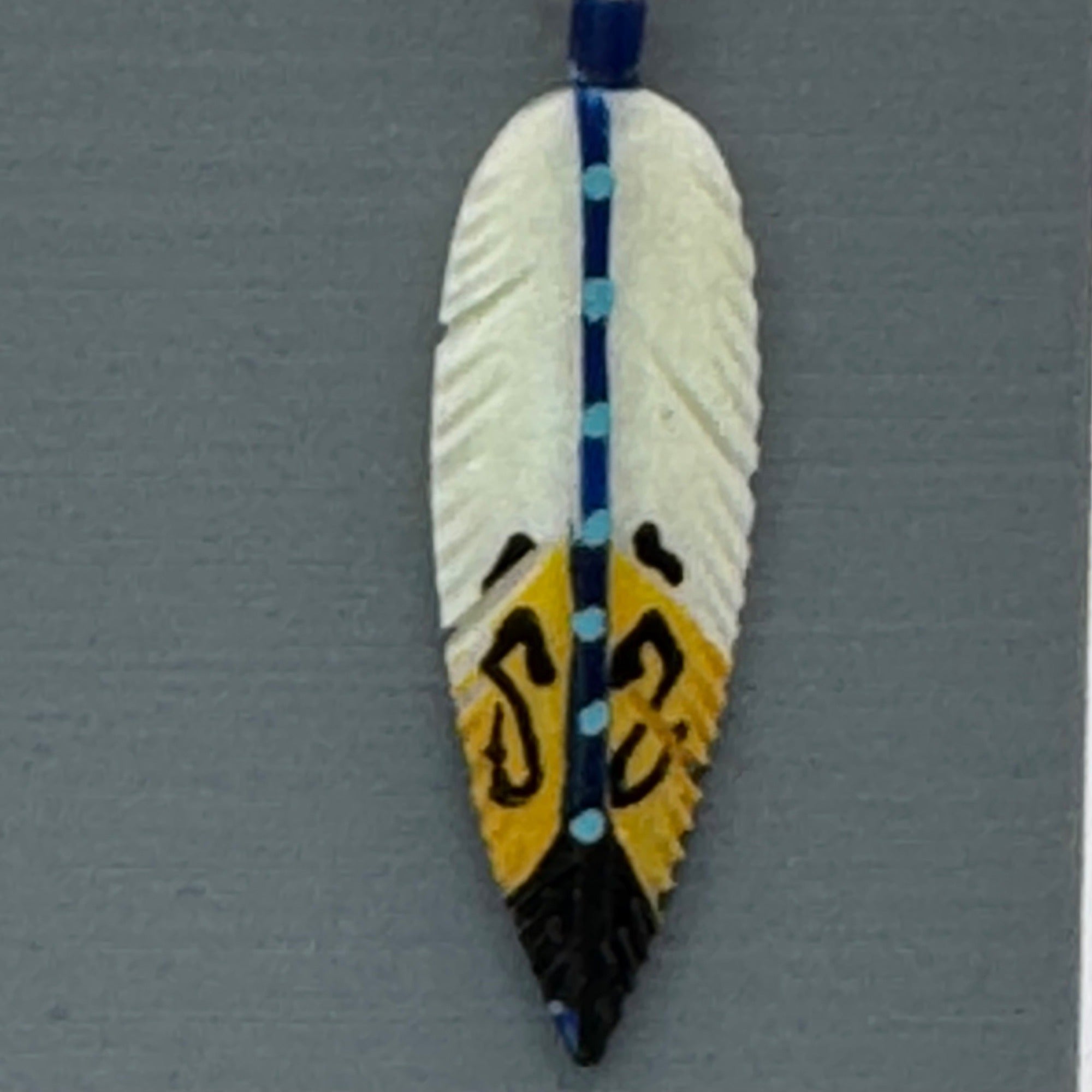 Hand-Painted Carved Antler Feather Earrings Tribal Design Blue Turquoise Native