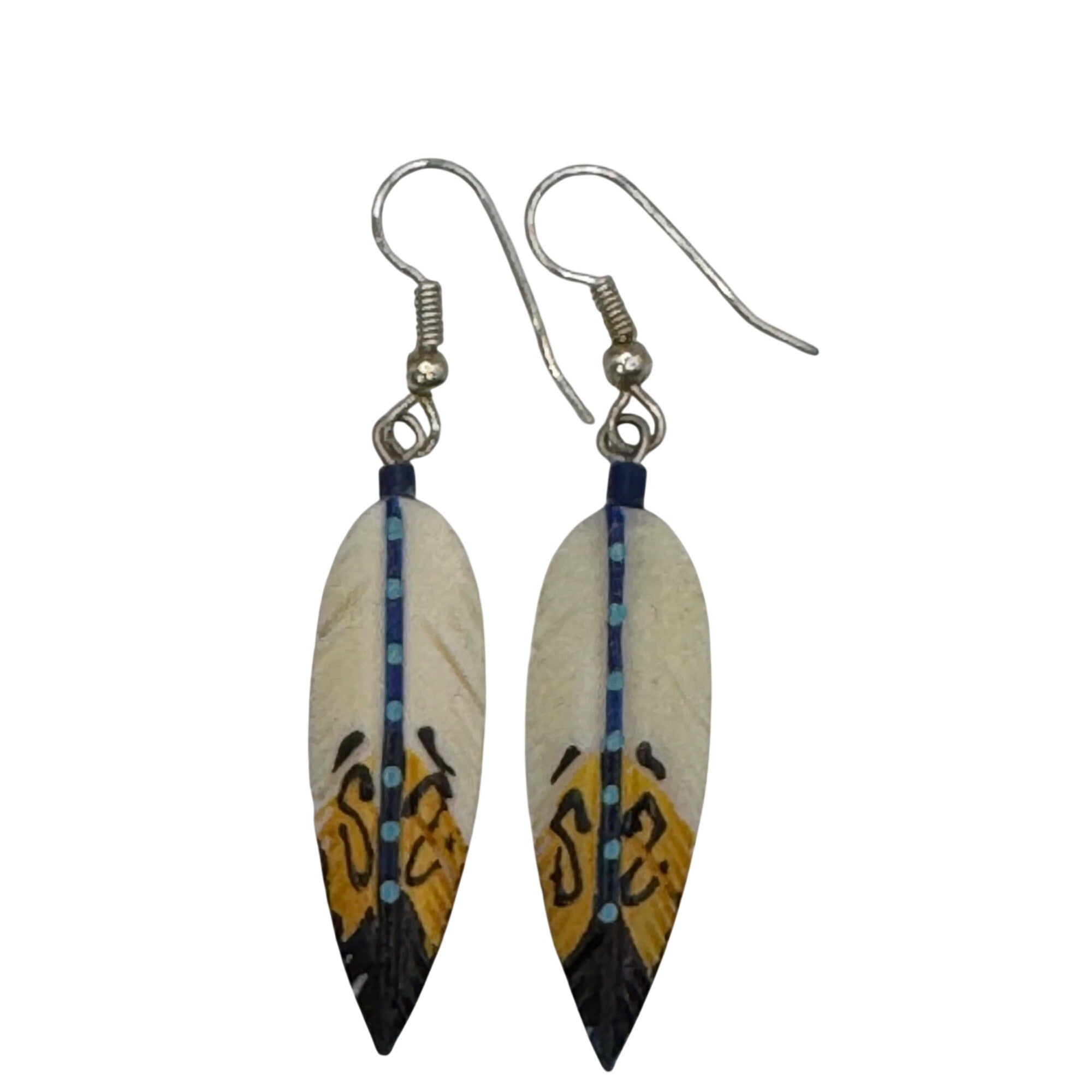 Hand-Painted Carved Antler Feather Earrings Tribal Design Blue Turquoise Native