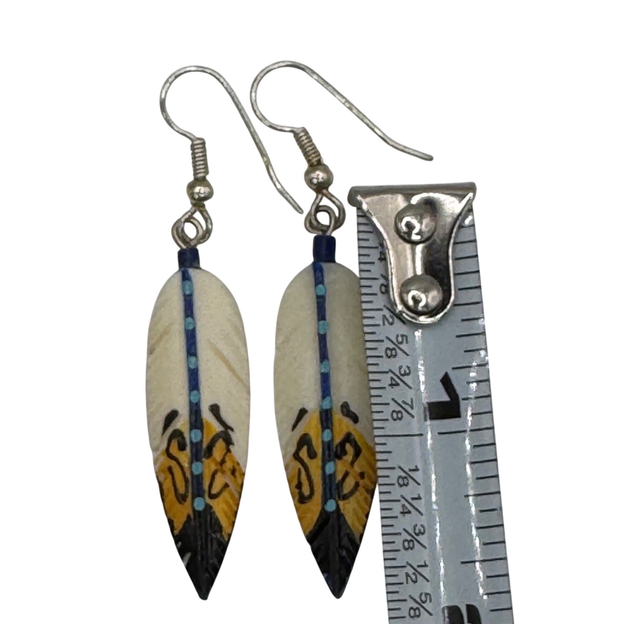 Hand-Painted Carved Antler Feather Earrings Tribal Design Blue Turquoise Native
