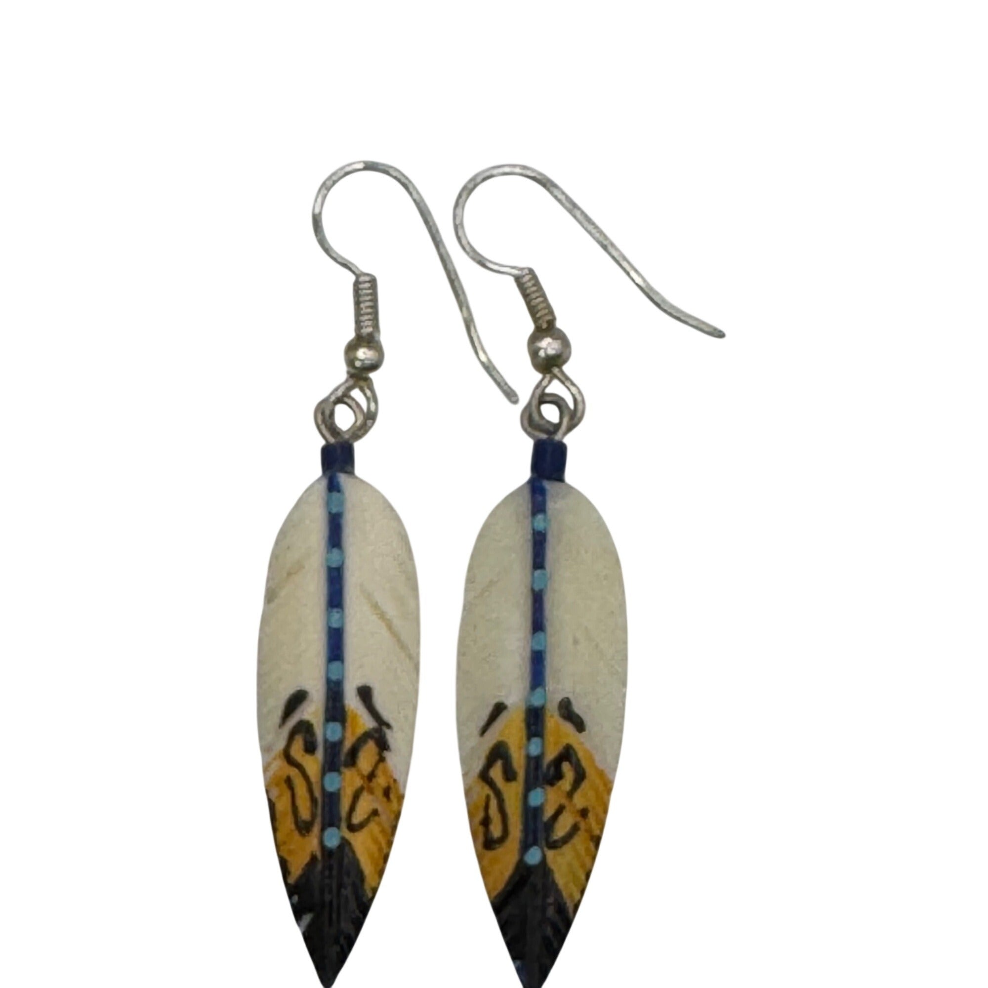 Hand-Painted Carved Antler Feather Earrings Tribal Design Blue Turquoise Native
