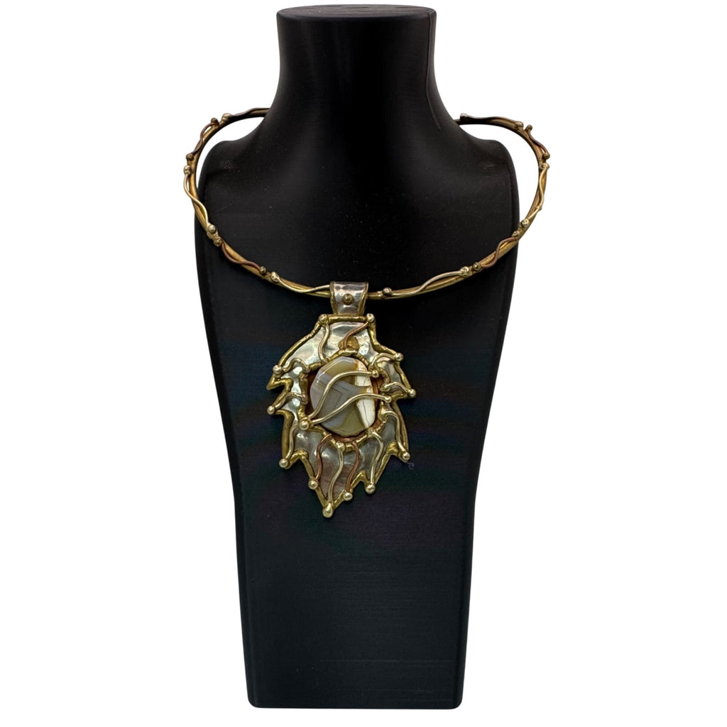 Brutalist Mixed Metal  Brass Collar Necklace Banded Agate Stone Pendant Abstract