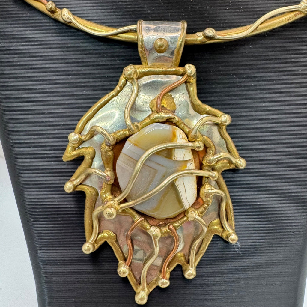 Brutalist Mixed Metal  Brass Collar Necklace Banded Agate Stone Pendant Abstract
