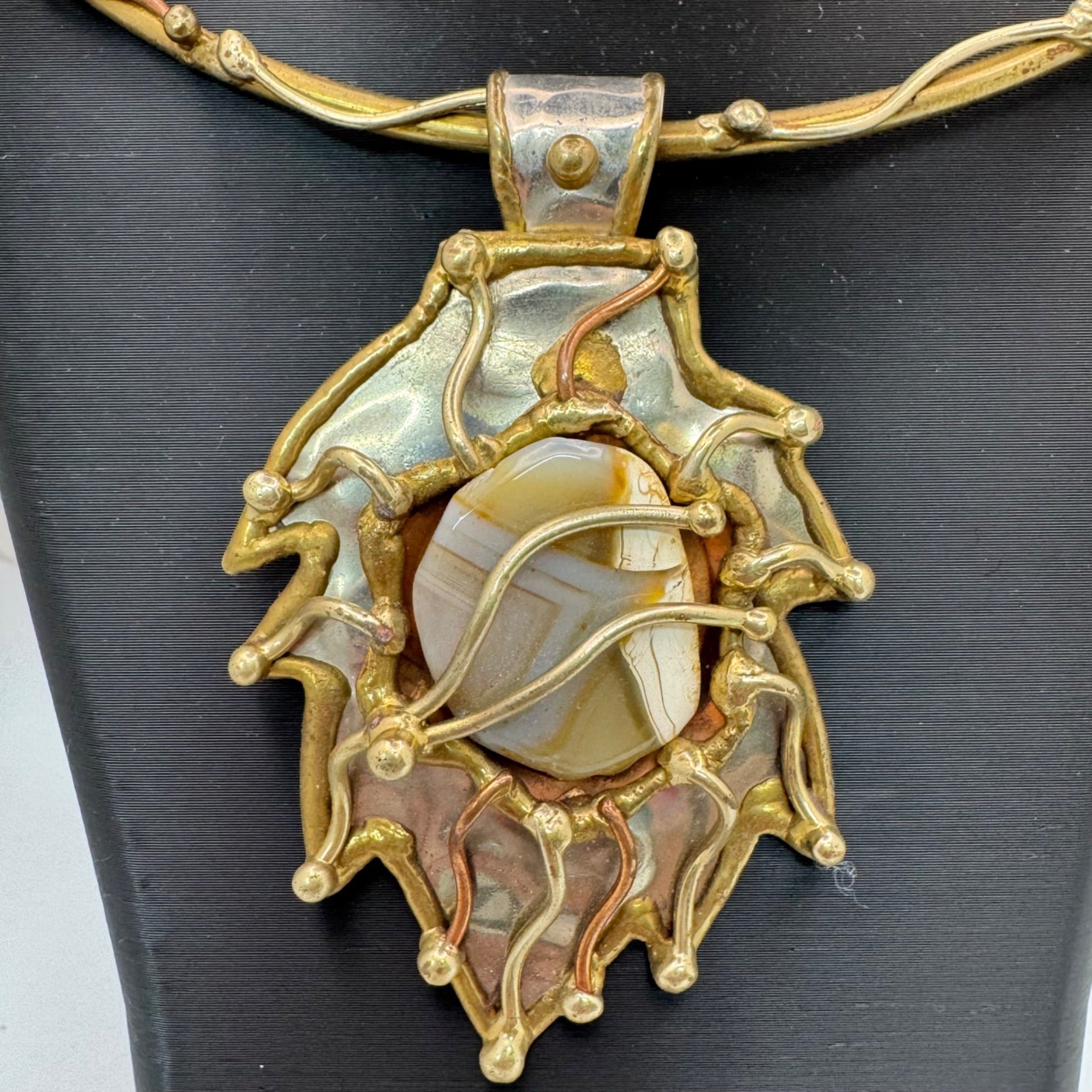 Brutalist Mixed Metal  Brass Collar Necklace Banded Agate Stone Pendant Abstract