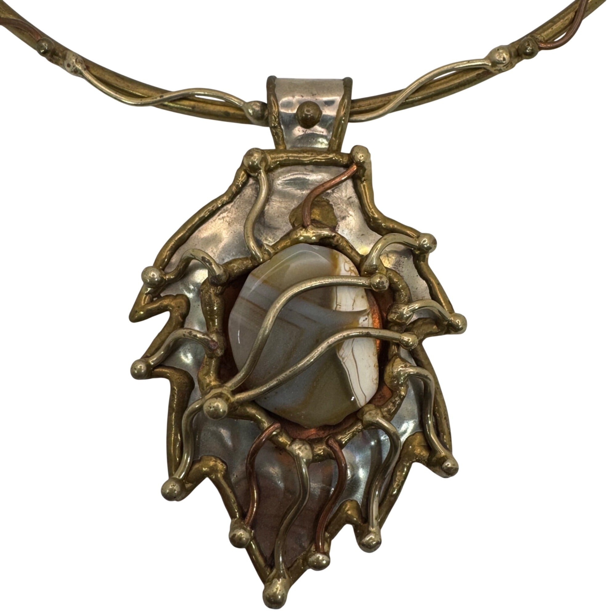 Brutalist Mixed Metal  Brass Collar Necklace Banded Agate Stone Pendant Abstract