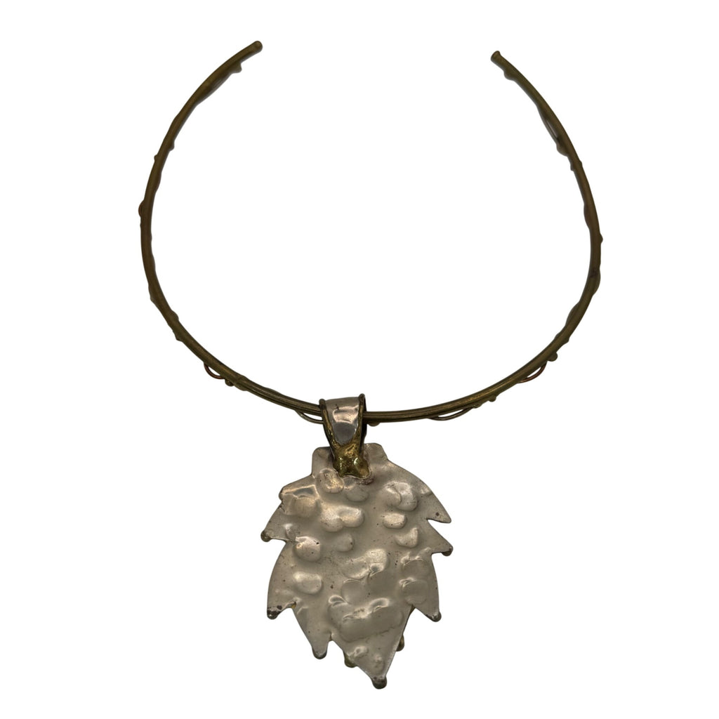 Brutalist Mixed Metal  Brass Collar Necklace Banded Agate Stone Pendant Abstract