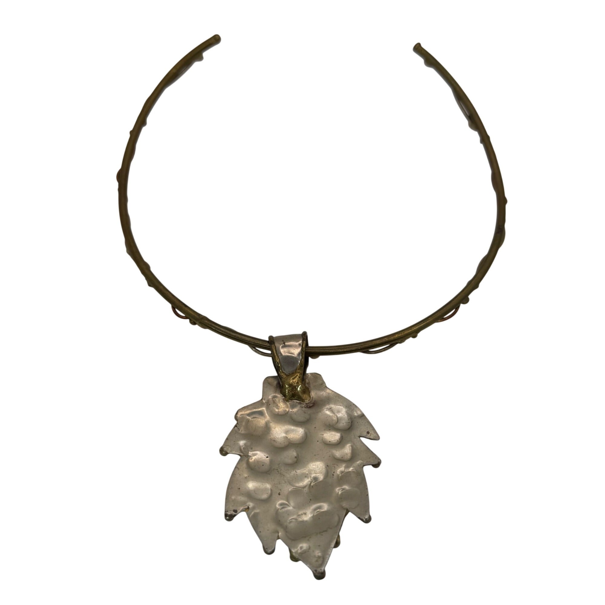 Brutalist Mixed Metal  Brass Collar Necklace Banded Agate Stone Pendant Abstract