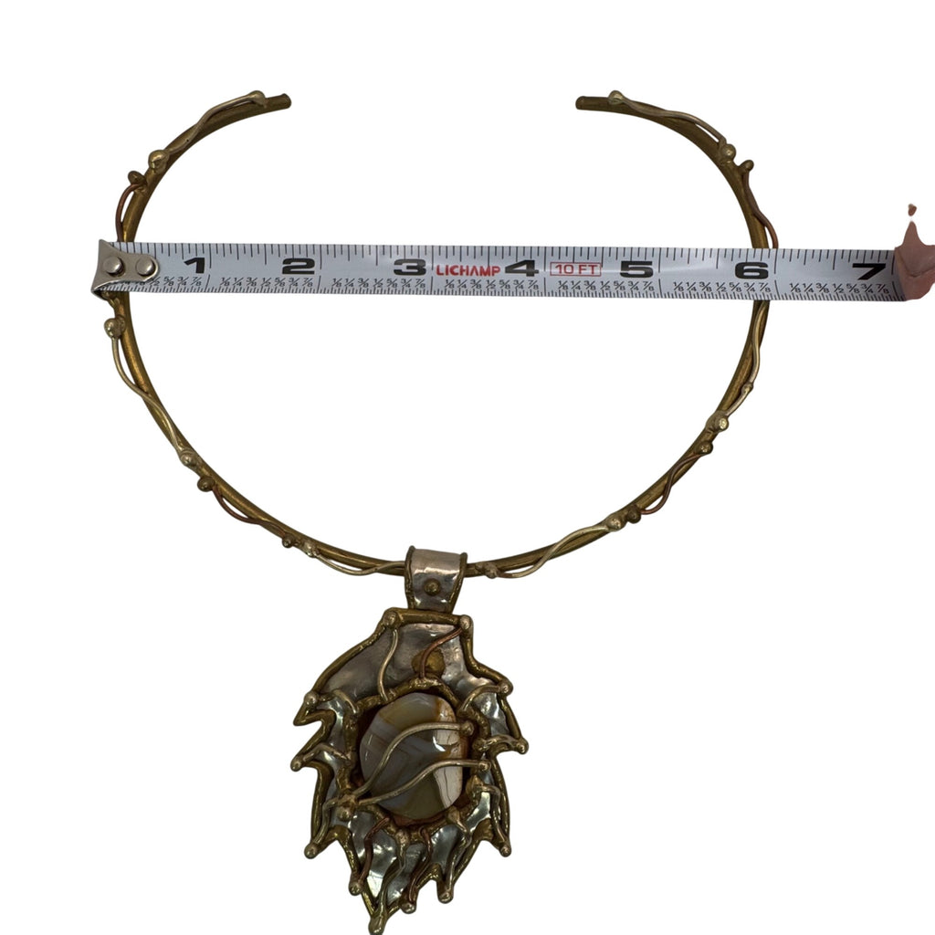 Brutalist Mixed Metal  Brass Collar Necklace Banded Agate Stone Pendant Abstract