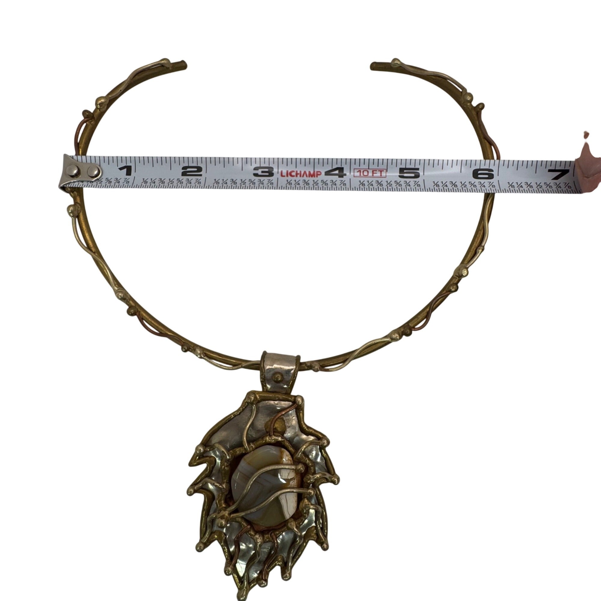 Brutalist Mixed Metal  Brass Collar Necklace Banded Agate Stone Pendant Abstract