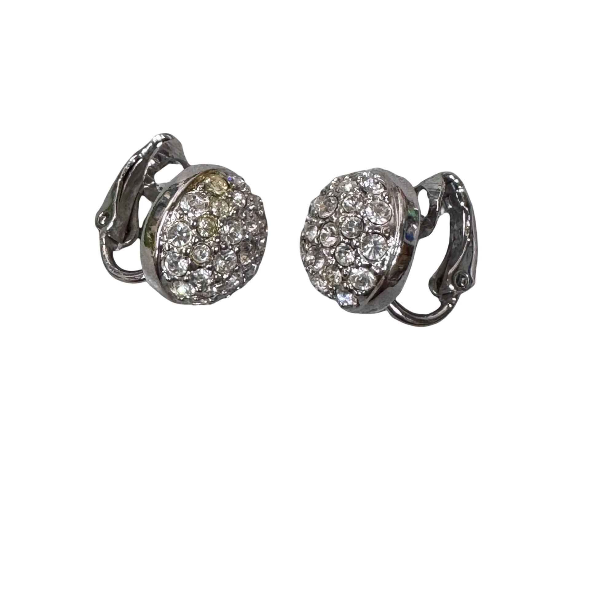 Swarovski Crystal Pave Clip-On Earrings Round Design Silver-Tone Elegant Sparkle