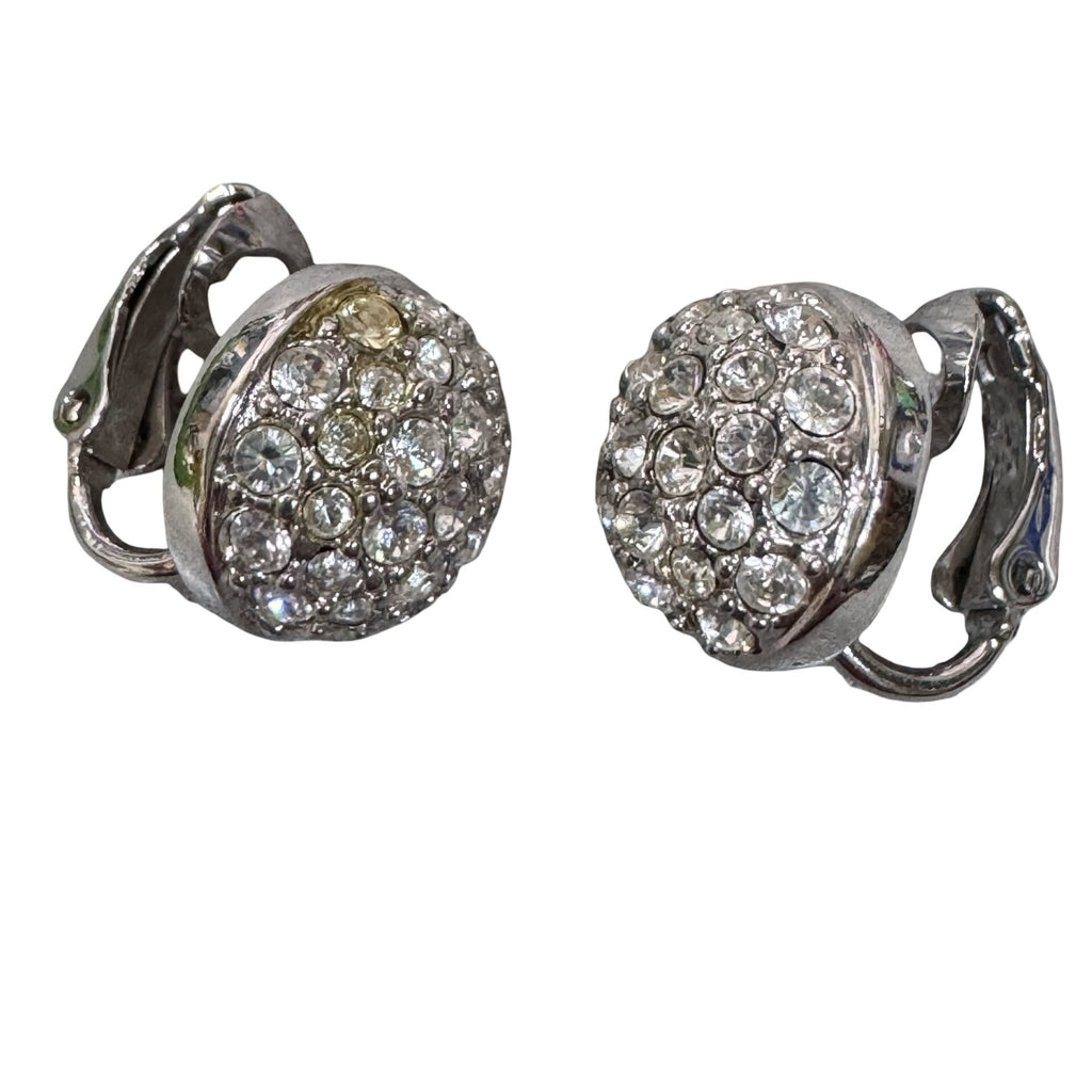 Swarovski Crystal Pave Clip-On Earrings Round Design Silver-Tone Elegant Sparkle