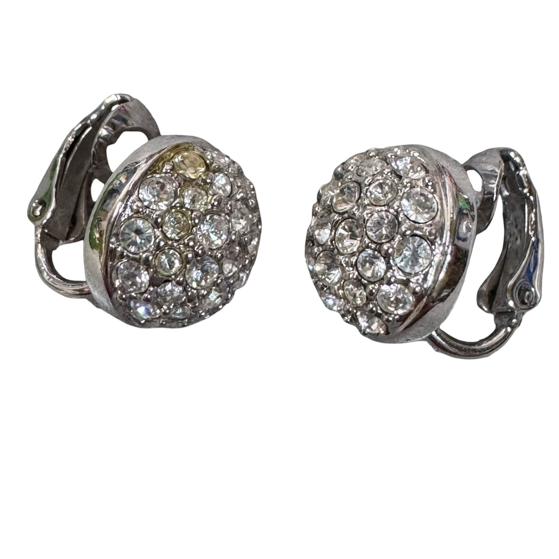Swarovski Crystal Pave Clip-On Earrings Round Design Silver-Tone Elegant Sparkle