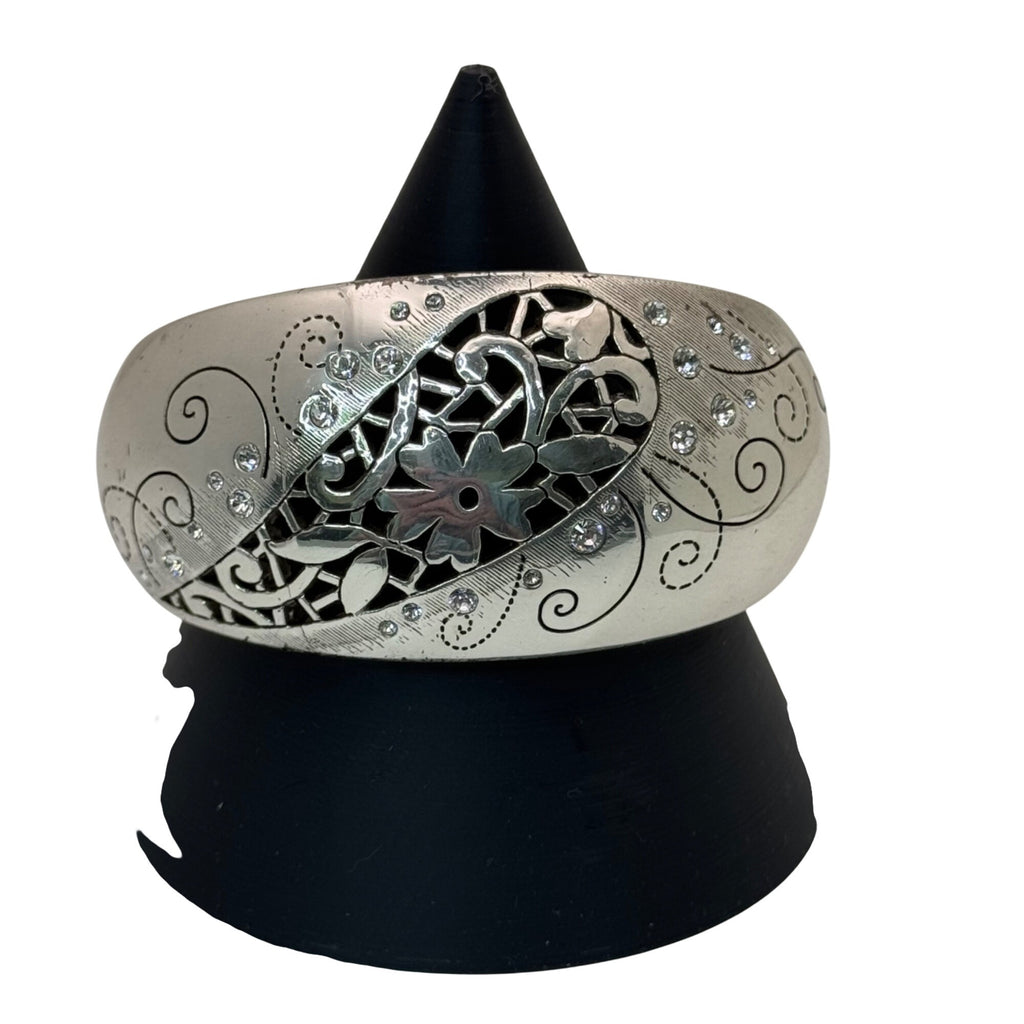 Brighton Silver-Tone Floral Scroll Hinged Bangle Bracelet Rhinestone Statement
