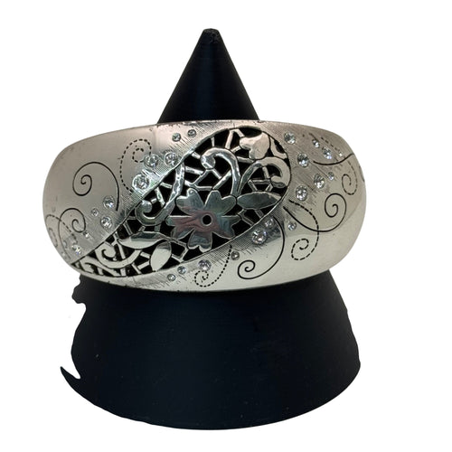 Brighton Silver-Tone Floral Scroll Hinged Bangle Bracelet Rhinestone Statement