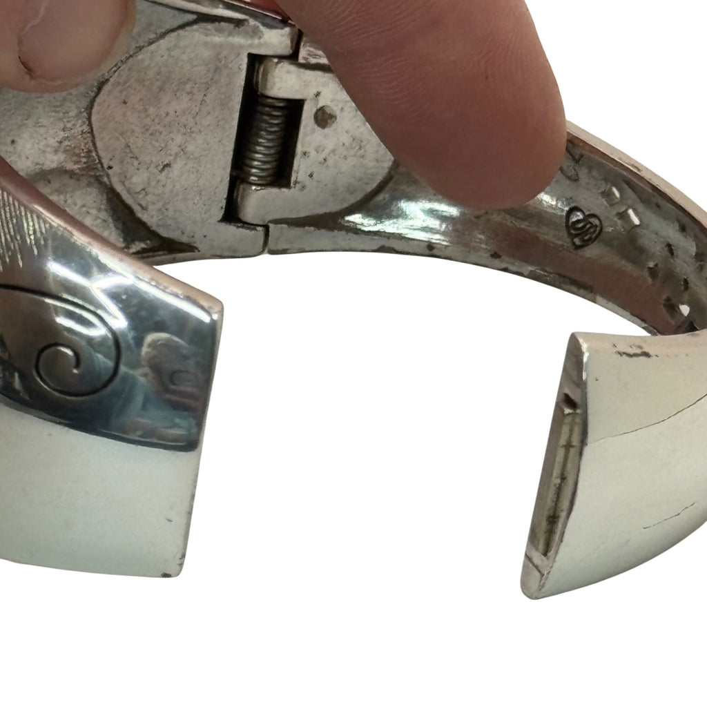 Brighton Silver-Tone Floral Scroll Hinged Bangle Bracelet Rhinestone Statement
