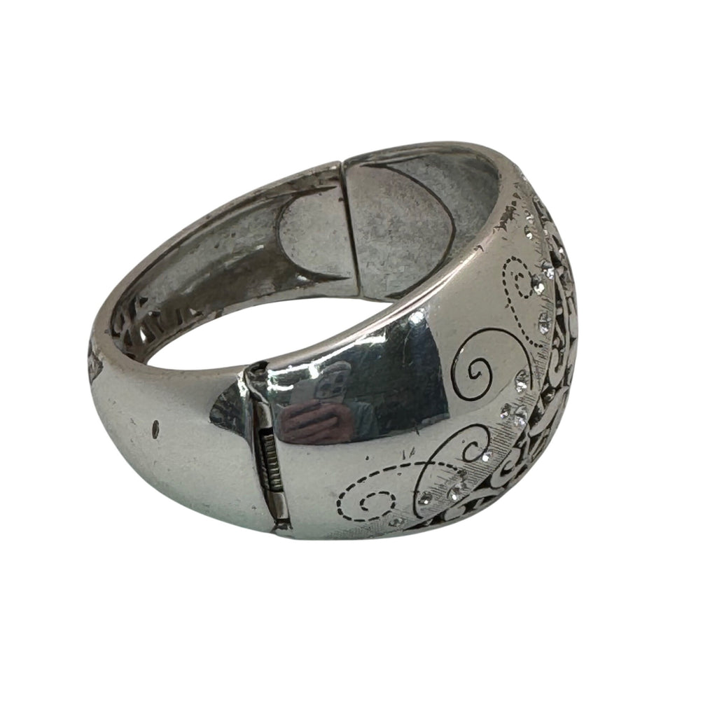 Brighton Silver-Tone Floral Scroll Hinged Bangle Bracelet Rhinestone Statement
