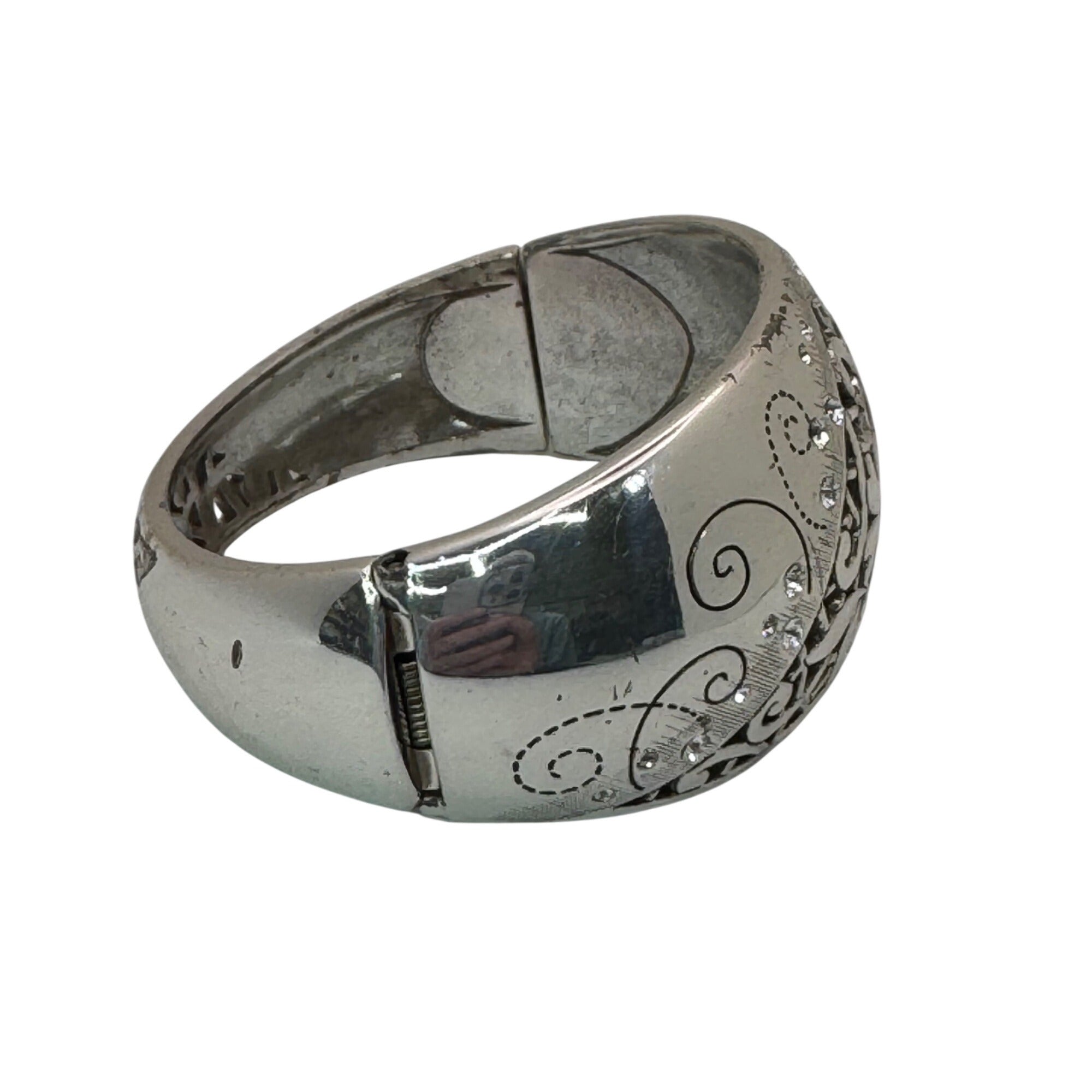 Brighton Silver-Tone Floral Scroll Hinged Bangle Bracelet Rhinestone Statement
