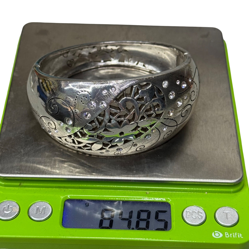 Brighton Silver-Tone Floral Scroll Hinged Bangle Bracelet Rhinestone Statement