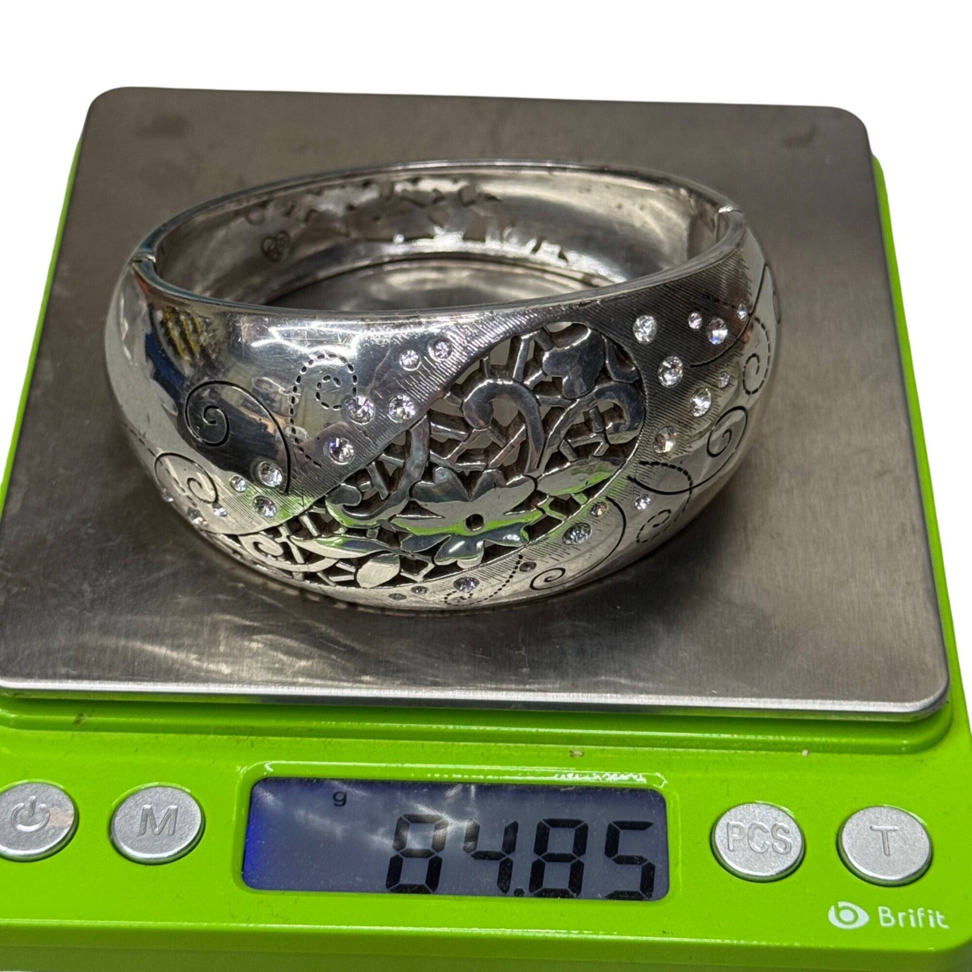 Brighton Silver-Tone Floral Scroll Hinged Bangle Bracelet Rhinestone Statement