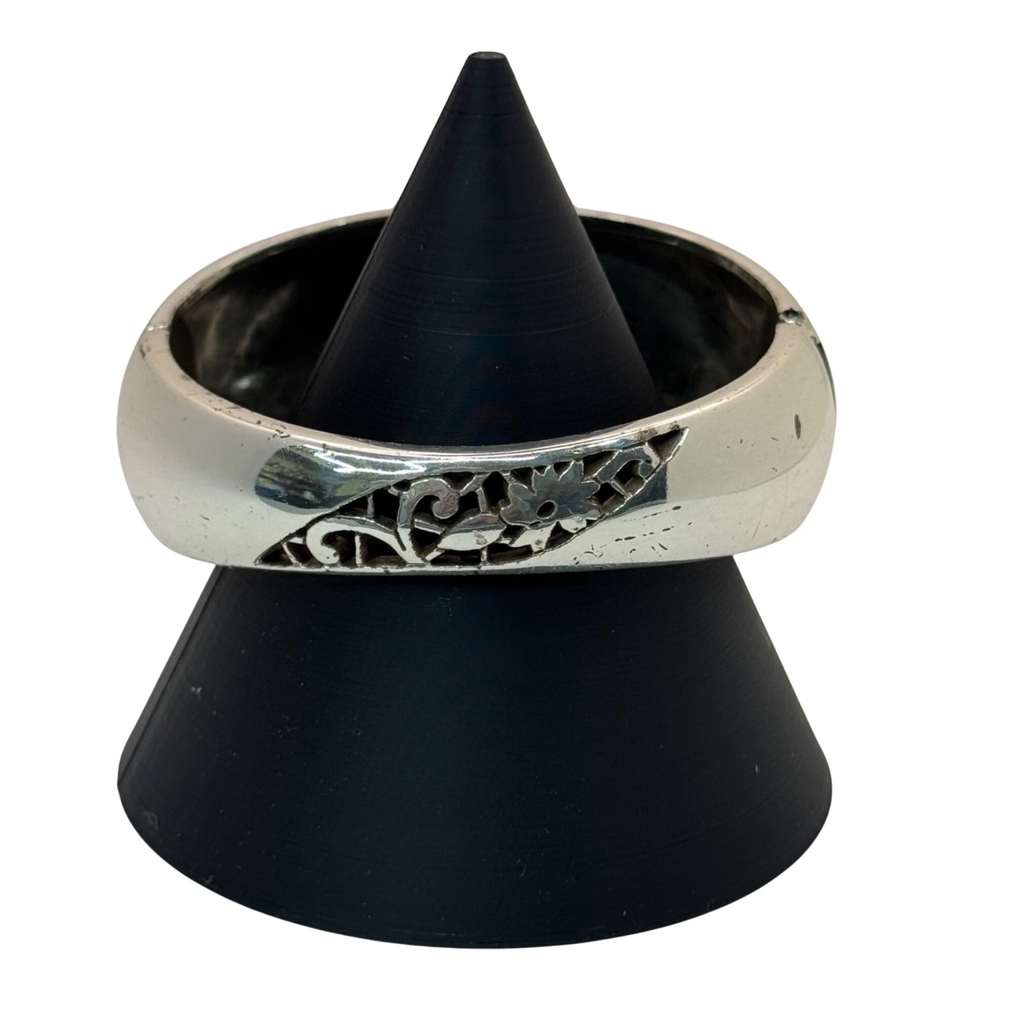 Brighton Silver-Tone Floral Scroll Hinged Bangle Bracelet Rhinestone Statement