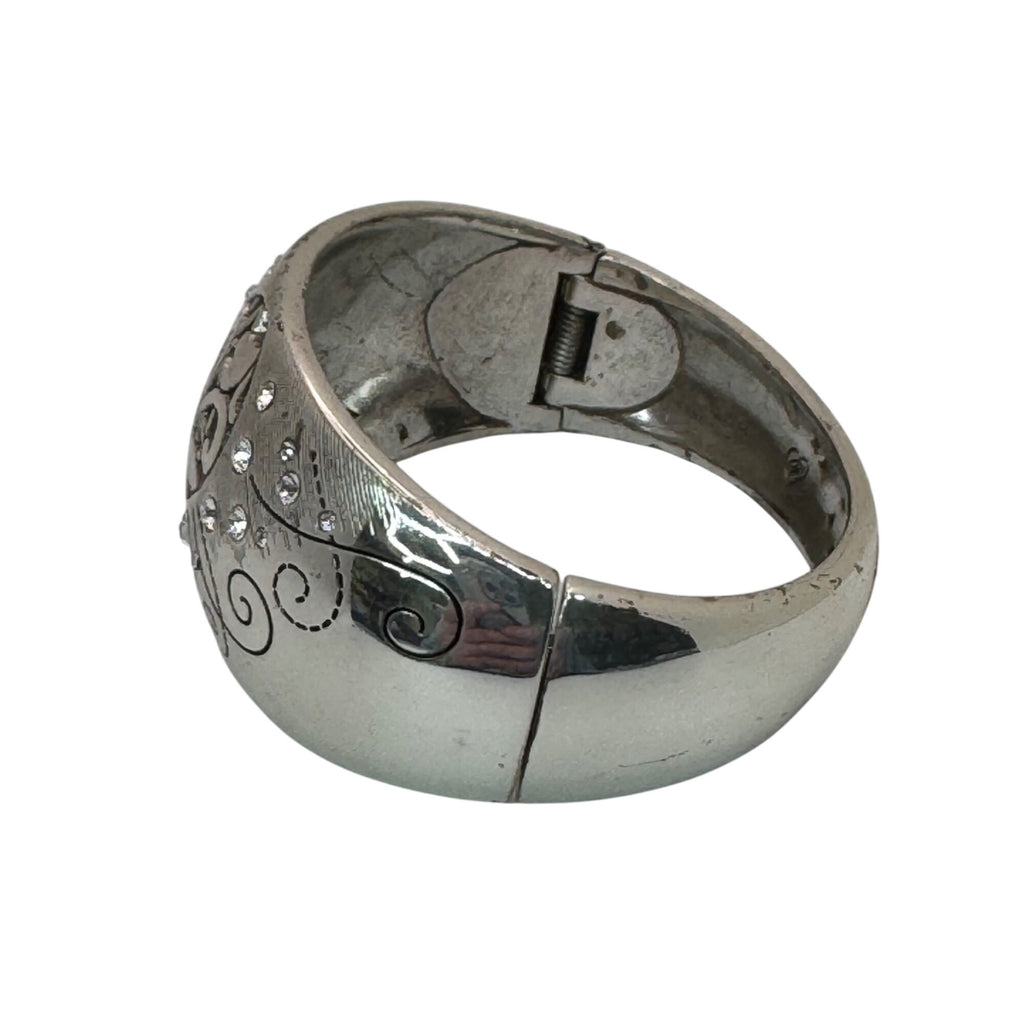Brighton Silver-Tone Floral Scroll Hinged Bangle Bracelet Rhinestone Statement