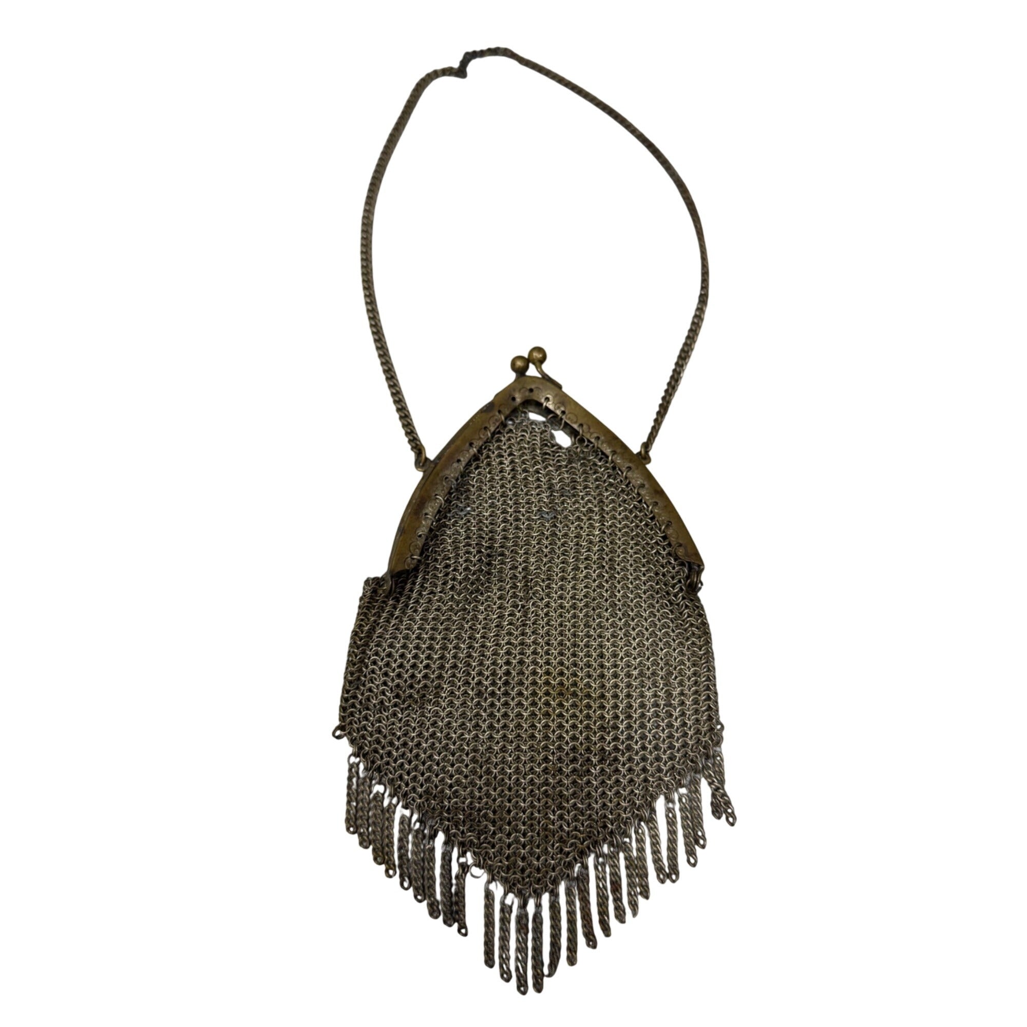 Antique Brass Chainmail Mesh Purse Fringe Detail Kiss-Lock 4x6 Chain Strap READ