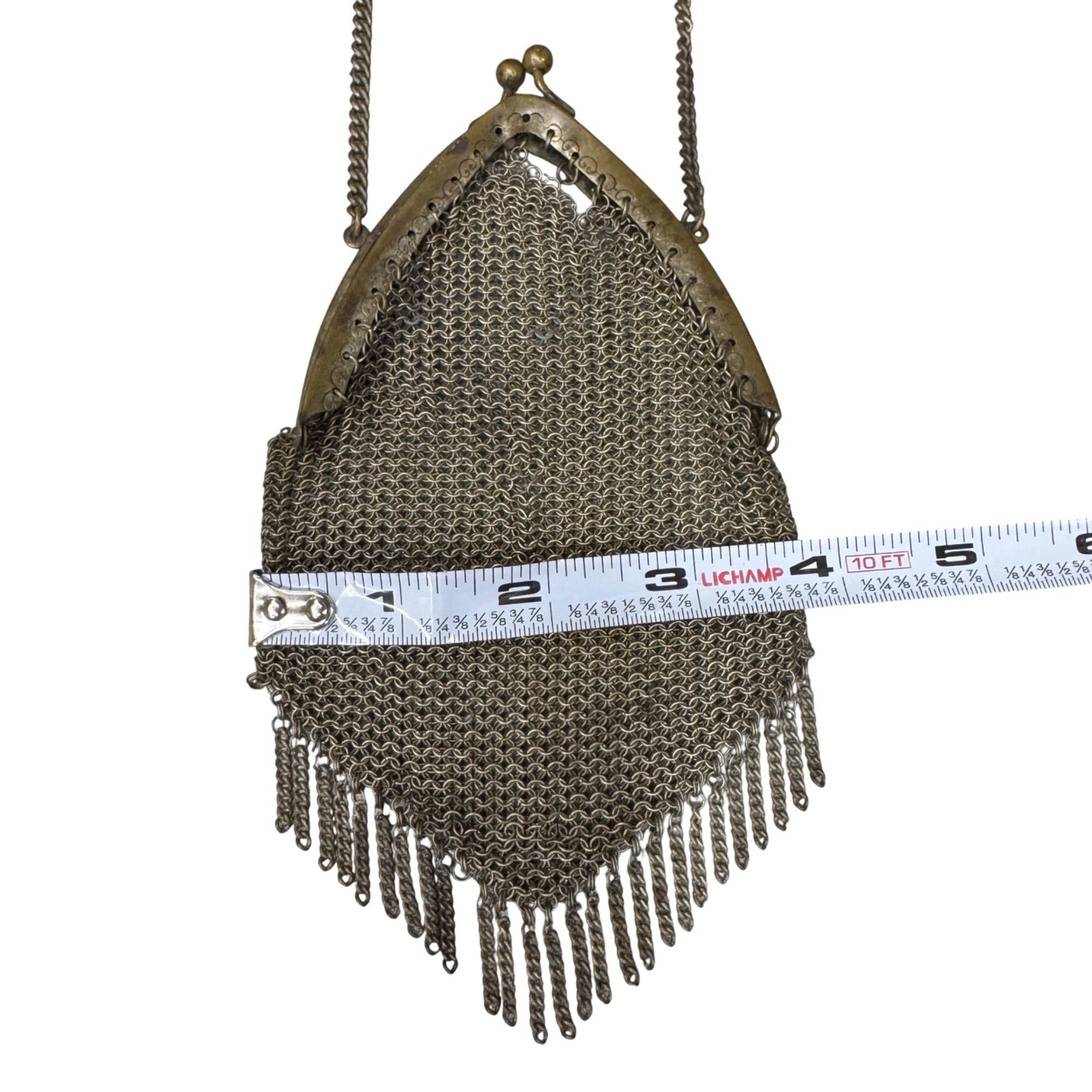 Antique Brass Chainmail Mesh Purse Fringe Detail Kiss-Lock 4x6 Chain Strap READ