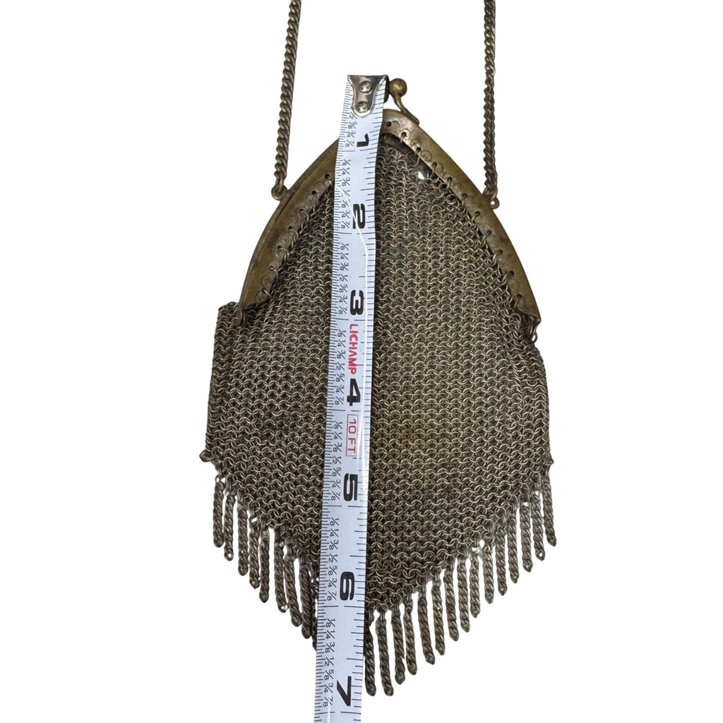 Antique Brass Chainmail Mesh Purse Fringe Detail Kiss-Lock 4x6 Chain Strap READ