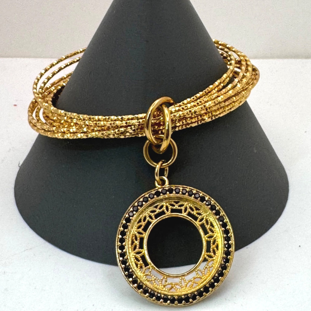 Bellezza Italy Bronze Bangle GoldTone Bracelet Filigree Circle Black Rhinestones