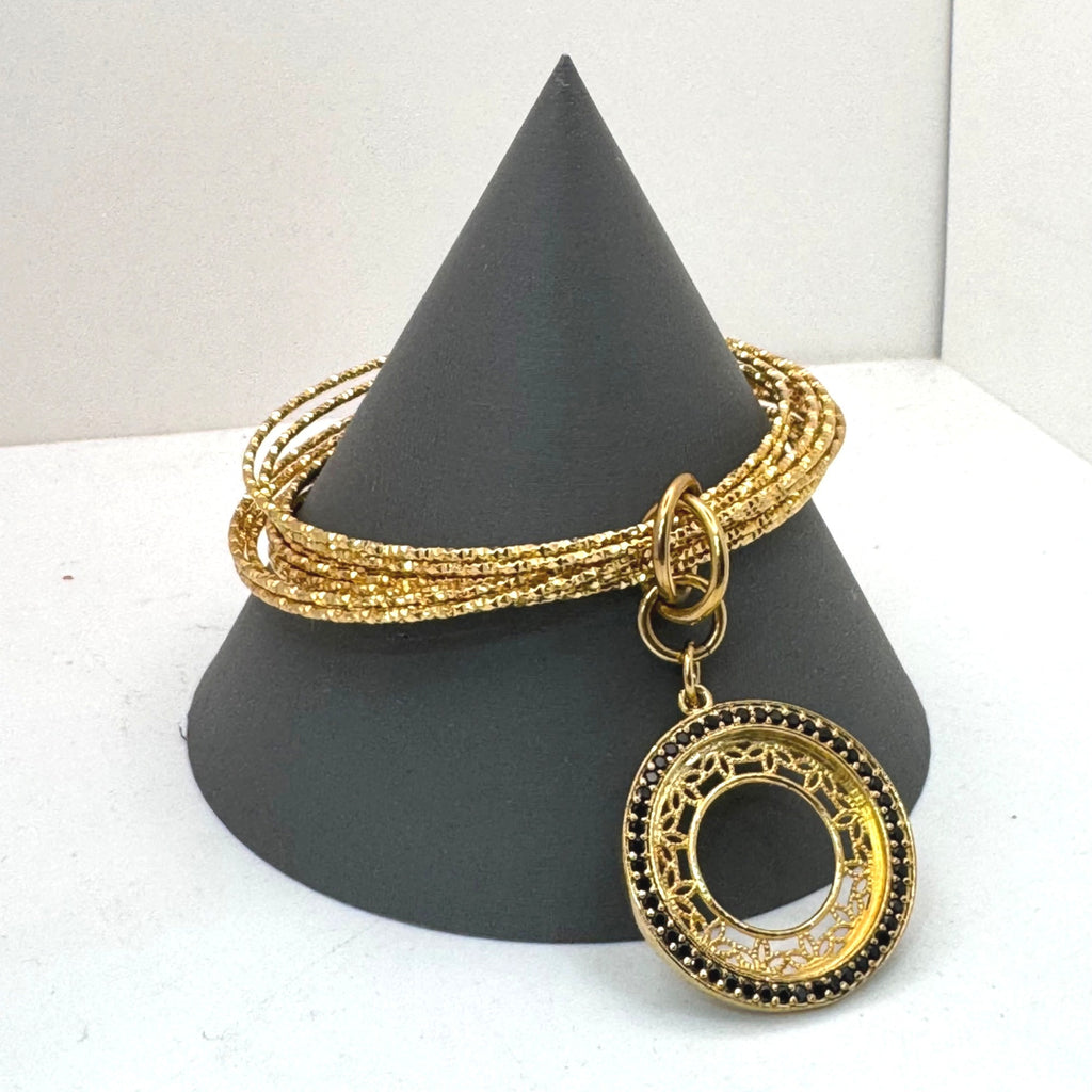 Bellezza Italy Bronze Bangle GoldTone Bracelet Filigree Circle Black Rhinestones
