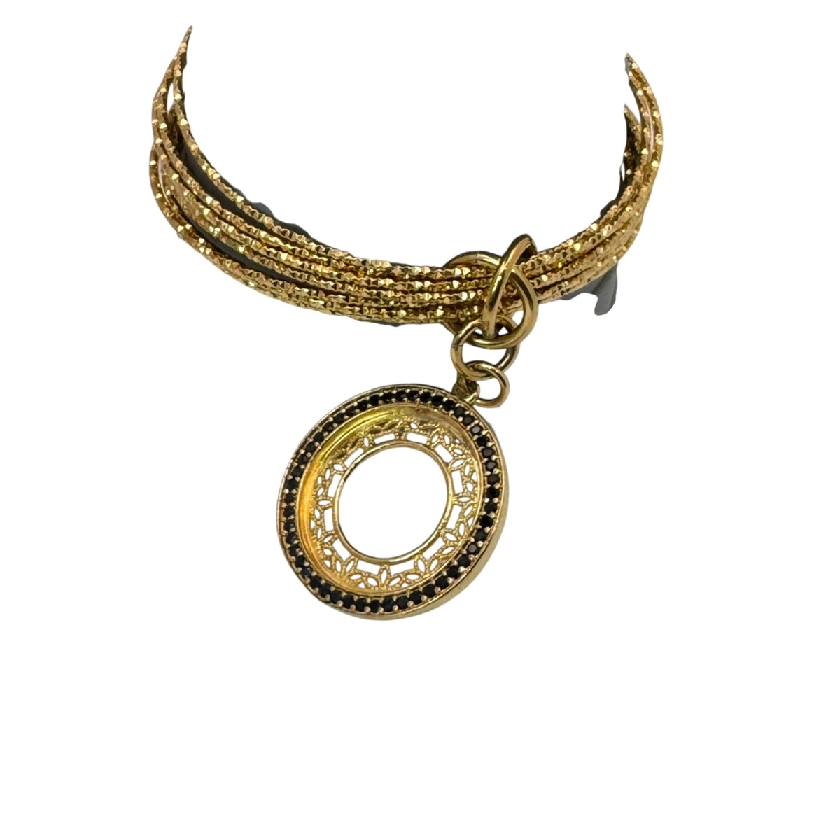 Bellezza Italy Bronze Bangle GoldTone Bracelet Filigree Circle Black Rhinestones