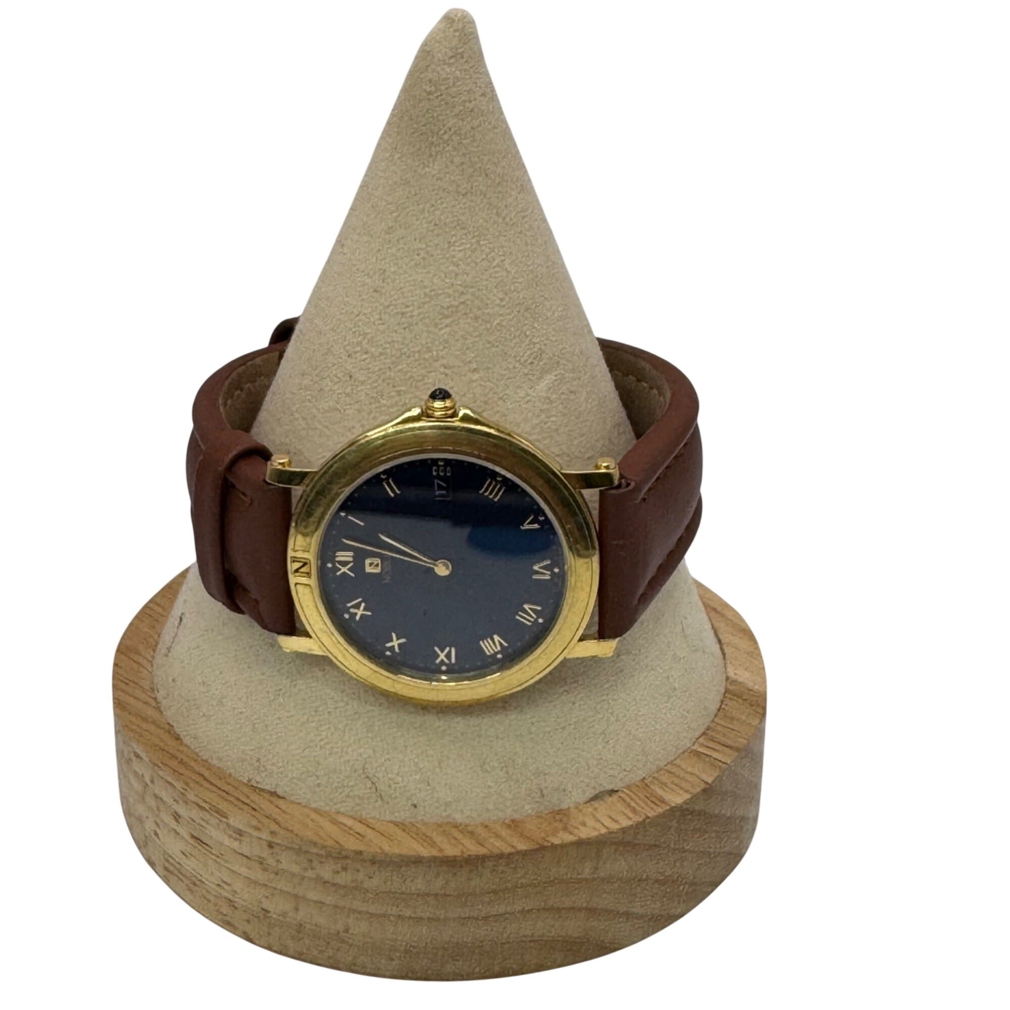 Citizen Noblia Mens Gold-Tone Watch Blue Dial Brown Leather Roman Numerals Japan