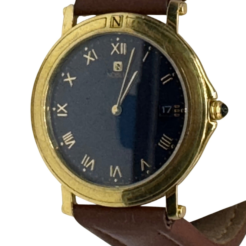 Citizen Noblia Mens Gold-Tone Watch Blue Dial Brown Leather Roman Numerals Japan