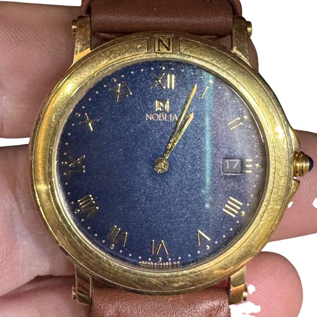 Citizen Noblia Mens Gold-Tone Watch Blue Dial Brown Leather Roman Numerals Japan