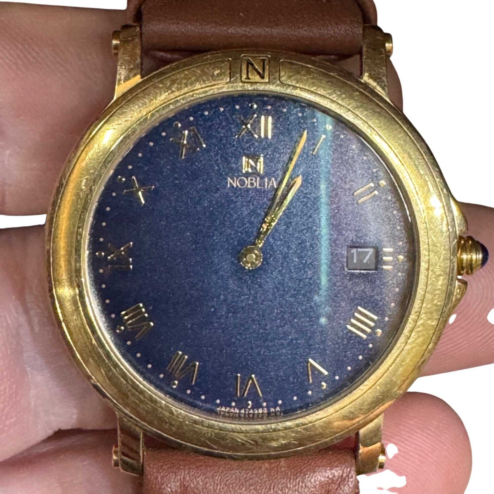 Citizen Noblia Mens Gold-Tone Watch Blue Dial Brown Leather Roman Numerals Japan